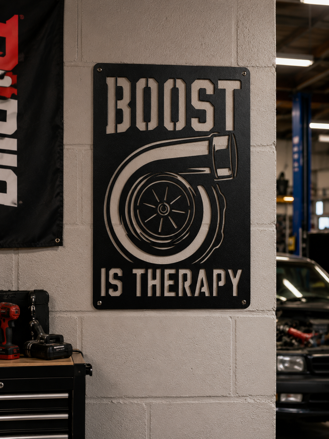 Boost Is Therapy Turbo Metal Sign | Powder Coated Steel Wall Art