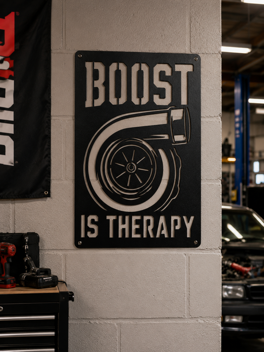 Boost Is Therapy Turbo Metal Sign | Powder Coated Steel Wall Art