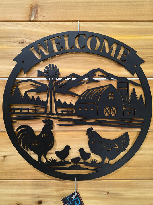 Metal Chicken Welcome Sign